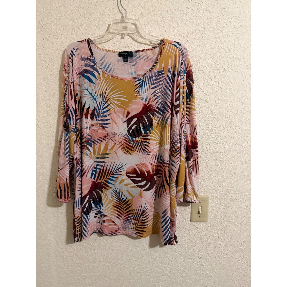 Investments II Womens 3X Tropical Palm Leaf Gold Foil 3/4 Sleeve Scoop Neck Top